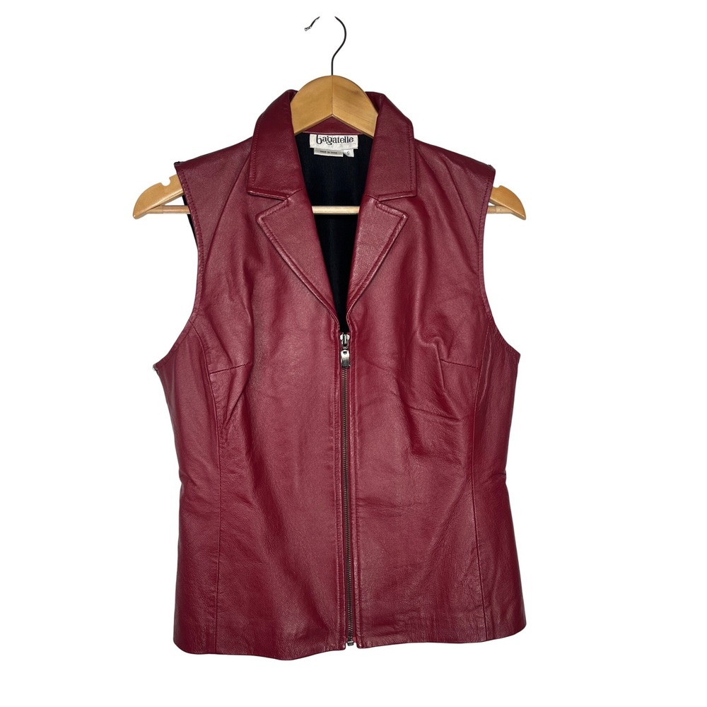 Bagatelle Leather Moto Vest Womens Small Burgundy Zip Up Ribbed Stretch Back